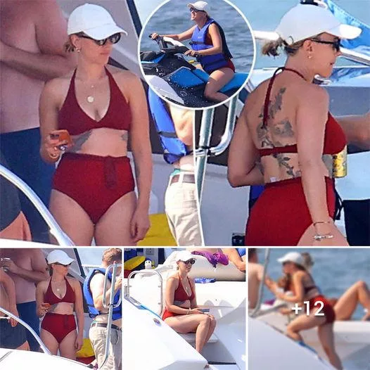 Scarlett Johansson Showcases Colorful Ink in Crimson Swimsuit, Enjoying the Summer Sun in the Hamptons